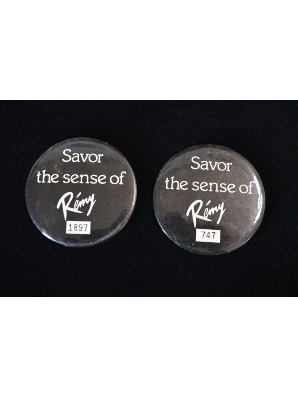 Remy Cognac Pin Button Lot 2 Savor The Sense Special Promo ID #1897 #747 3" Vtg